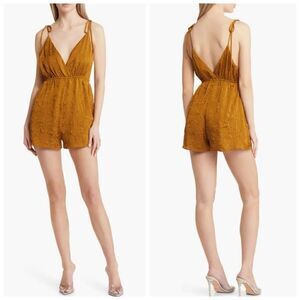 NWT OPEN EDIT Jacquard Bronze Tie Shoulder Romper Sz L